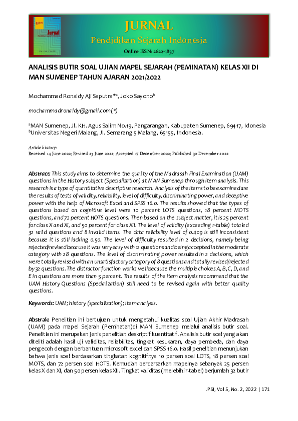Analisis Butir Soal Pilihan Ganda Sejarah Kelas XII Semester 1: Meningkatkan Kualitas Penilaian dan Pembelajaran