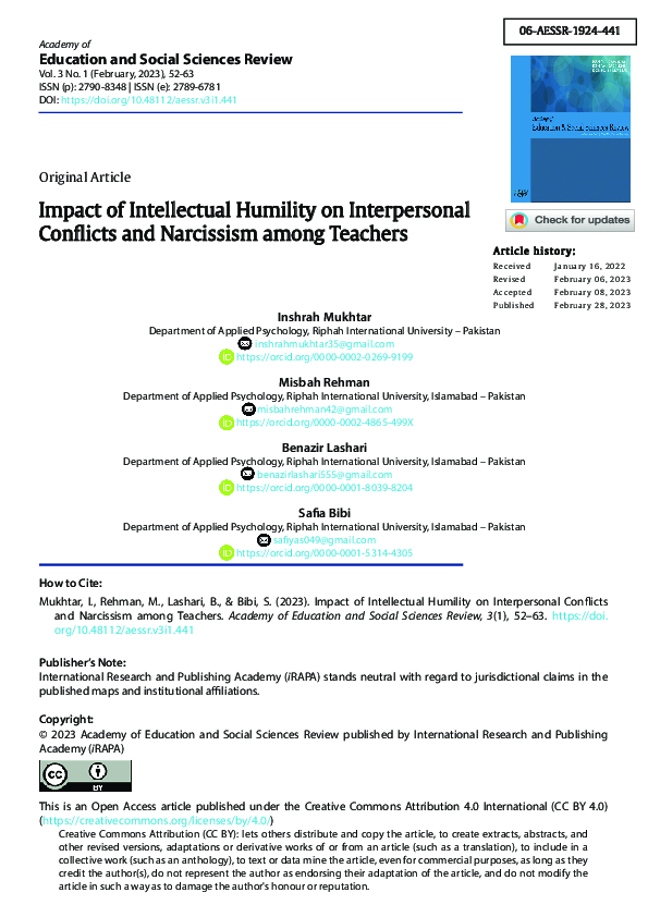 (PDF) Impact of Intellectual Humility on Interpersonal Conflicts and ...