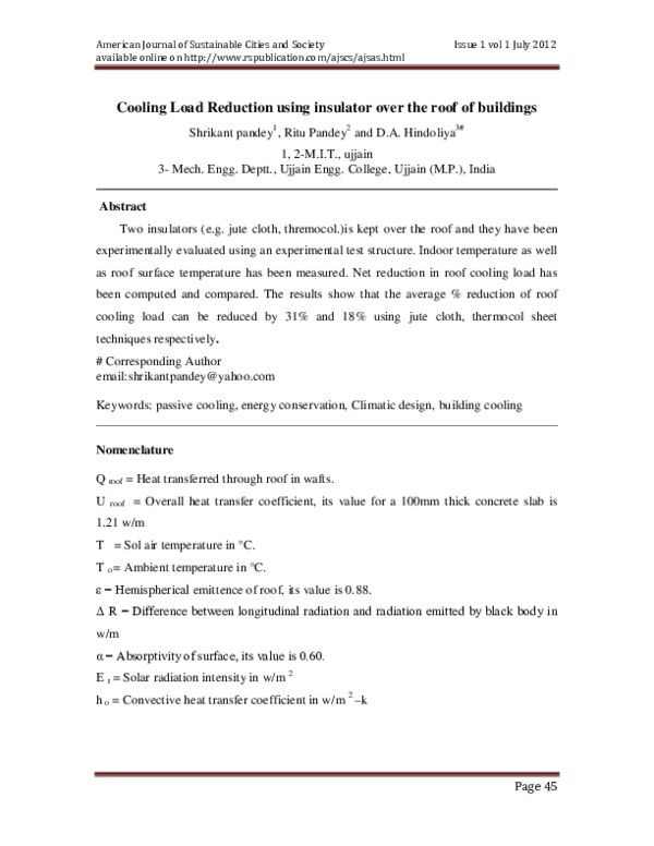 Picture of (PDF) Cooling Load Reduction using insulator over the roof of buildings