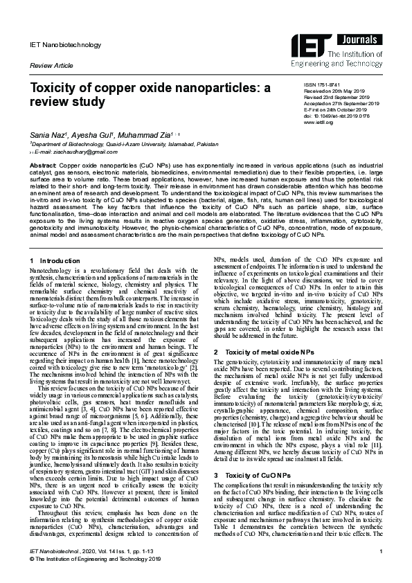 (PDF) Toxicity of copper oxide nanoparticles: a review study