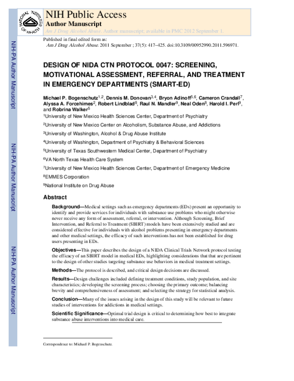 (PDF) Design of NIDA CTN Protocol 0047: Screening, Motivational ...