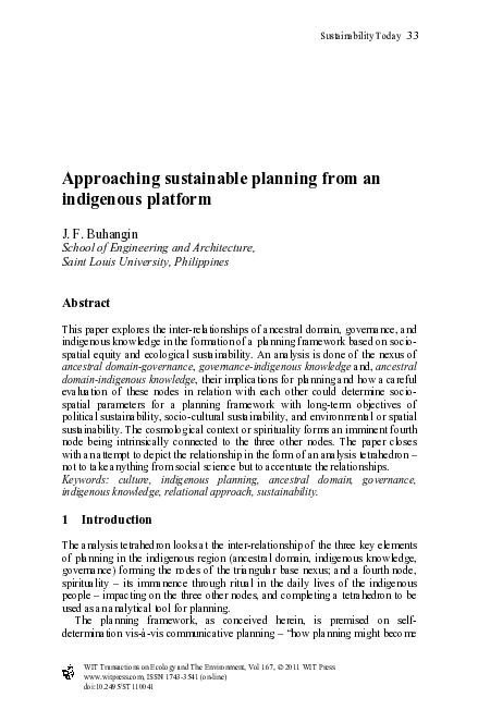 (PDF) Approaching sustainable planning from an indigenous platform