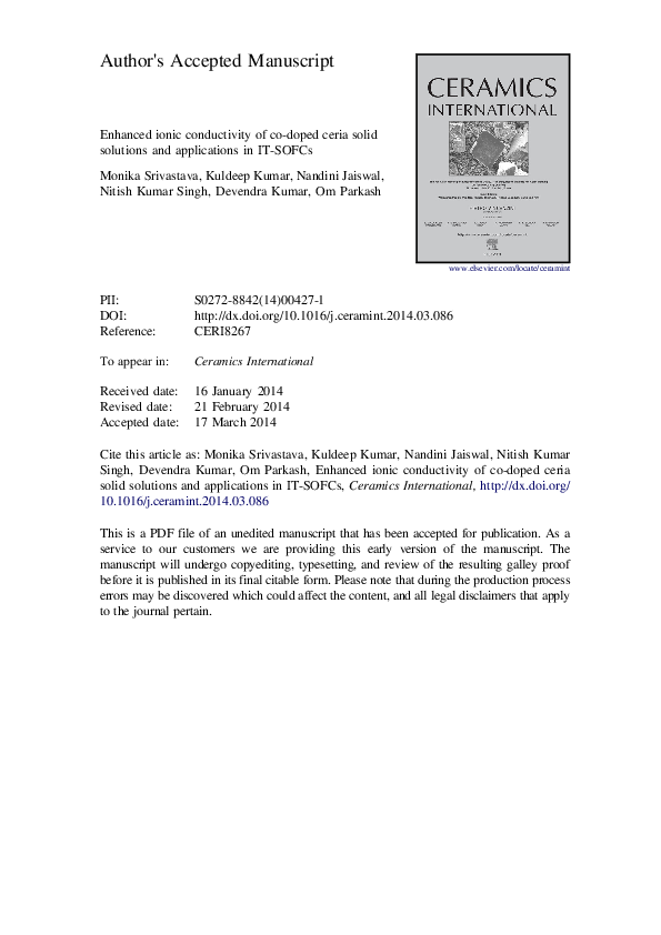 (PDF) Enhanced ionic conductivity of co-doped ceria solid solutions and ...