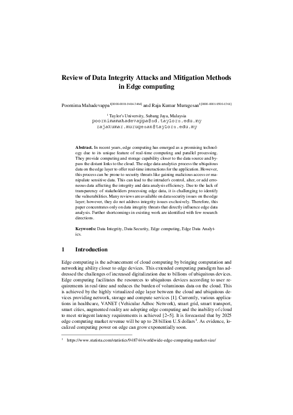 (PDF) Review of Data Integrity Attacks and Mitigation Methods in Edge ...