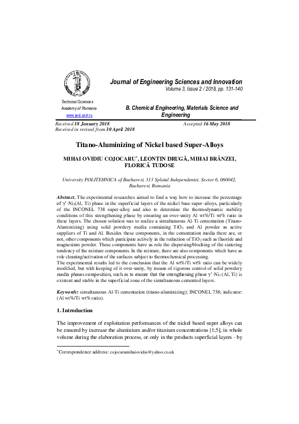 (PDF) TitanoAluminizing of Nickel based SuperAlloys Mihai Branzei