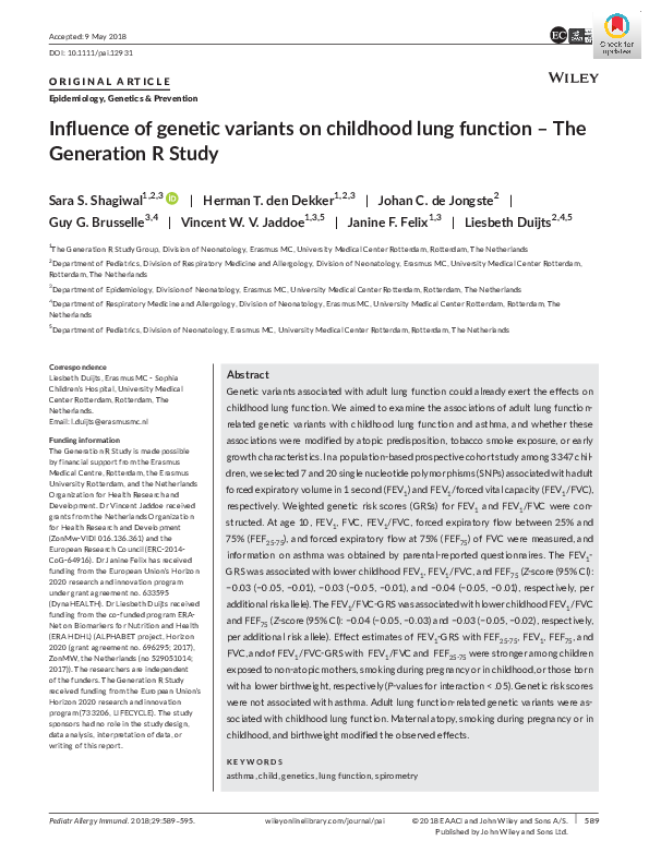 (PDF) Influence of genetic variants on childhood lung function - The ...