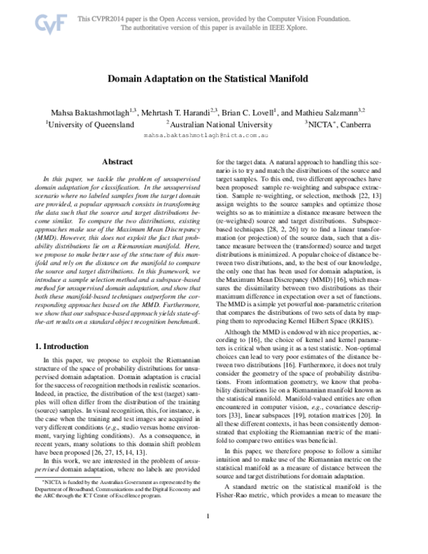 (PDF) Domain Adaptation on the Statistical Manifold