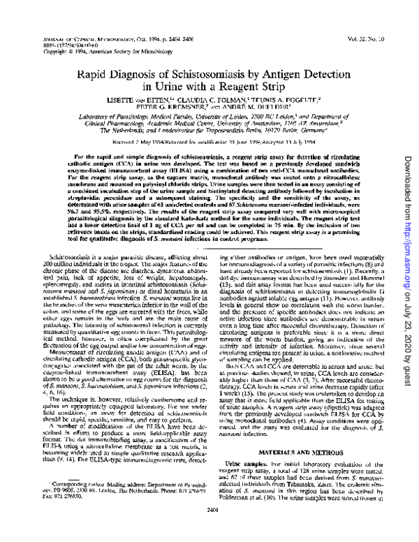 (PDF) Rapid diagnosis of schistosomiasis by antigen detection in urine ...