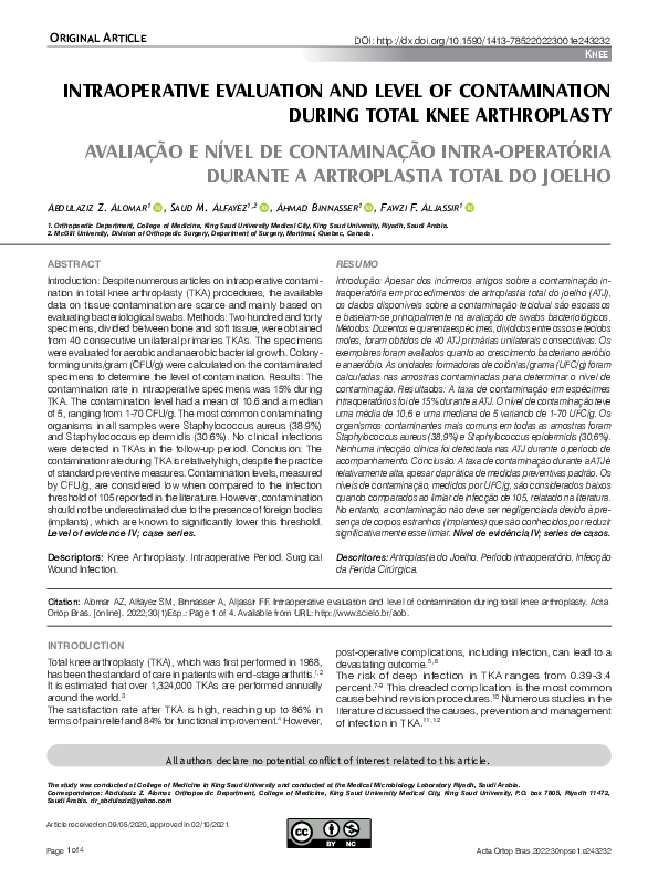 (PDF) Intraoperative Evaluation and Level of Contamination During Total ...