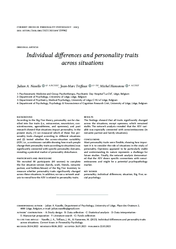 (PDF) Individual differences and personality traits across situations