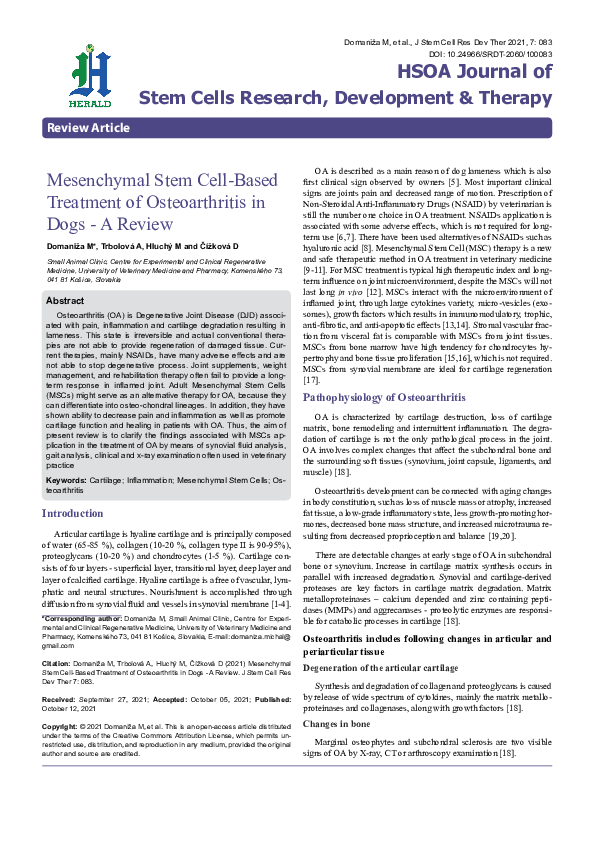 (PDF) Mesenchymal Stem Cell-Based Treatment of Osteoarthritis in Dogs ...