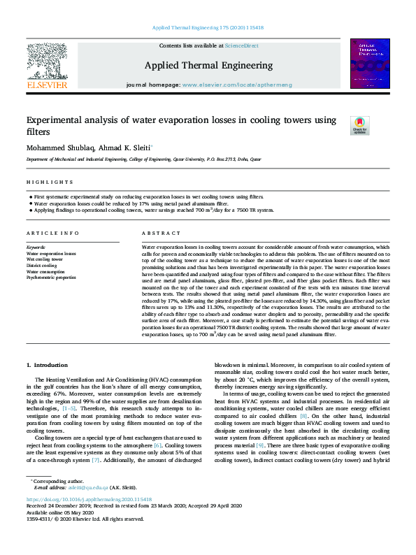 (PDF) Experimental analysis of water evaporation losses in cooling ...