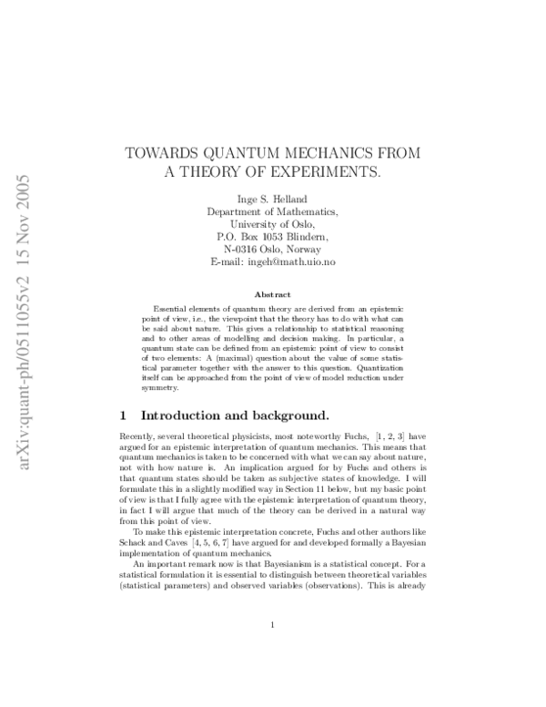 (PDF) Towards quantum mechanics from a theory of experiments