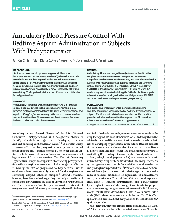 (PDF) Ambulatory blood pressure control with bedtime aspirin