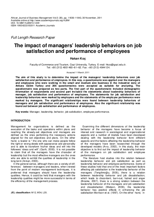 (PDF) The impact of managers’ leadership behaviors on job satisfaction ...