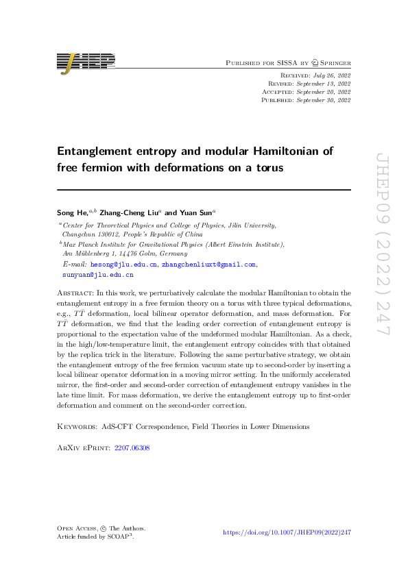 (PDF) Entanglement entropy and modular Hamiltonian of free fermion with ...