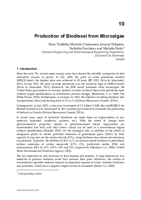 (PDF) Production of Biodiesel from Microalgae