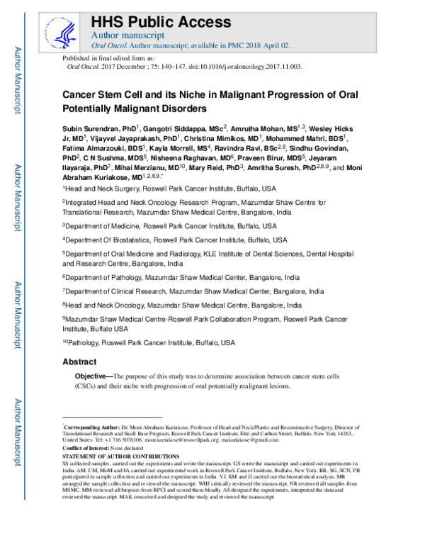(PDF) Cancer stem cell and its niche in malignant progression of oral ...