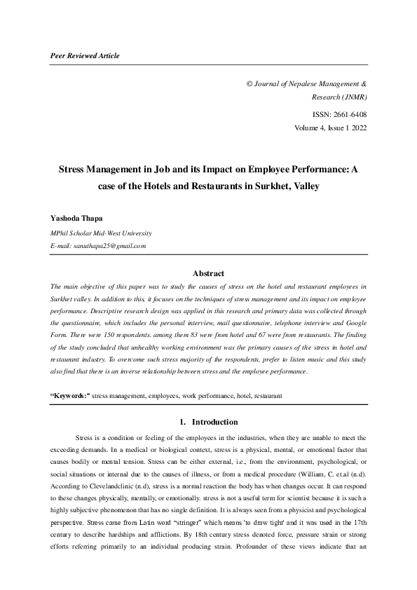 (PDF) Stress Management in Job and its Impact on Employee Performance ...