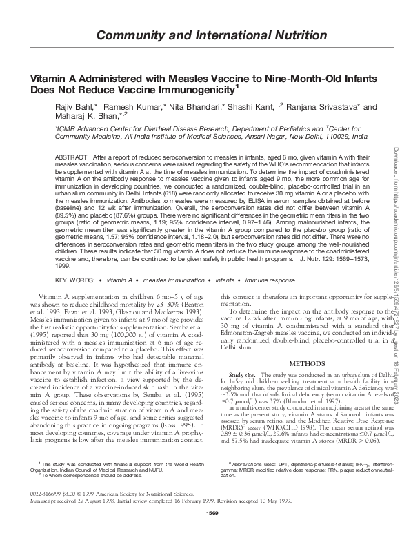 (PDF) Vitamin A Administered with Measles Vaccine to Nine-Month-Old ...