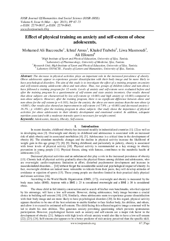 (PDF) Effect of physical training on anxiety and self-esteem of obese ...