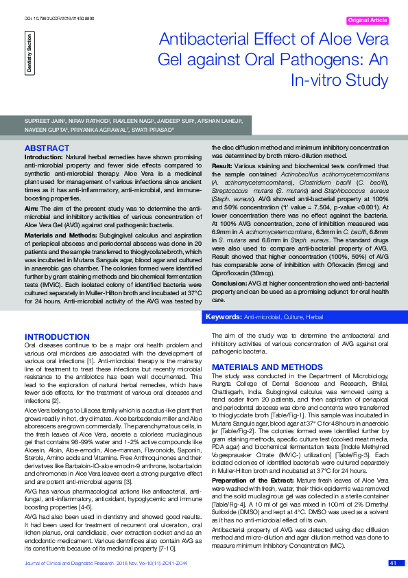 (PDF) Antibacterial Effect of Aloe Vera Gel against Oral Pathogens: An ...