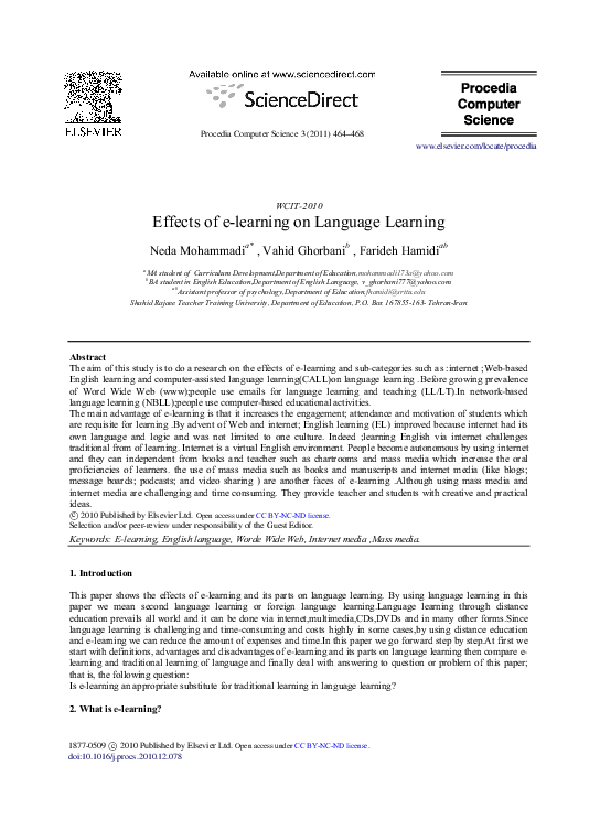 (PDF) Effects of e-learning on language learning