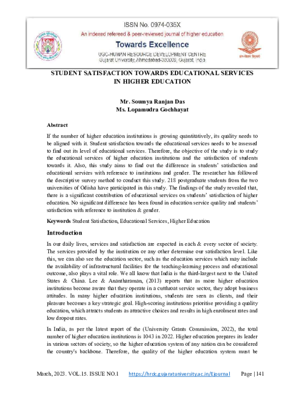 (PDF) STUDENT SATISFACTION TOWARDS EDUCATIONAL SERVICES IN HIGHER EDUCATION