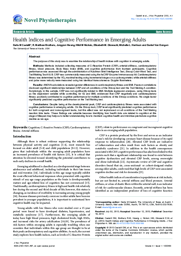 (PDF) Health Indices and Cognitive Performance in Emerging Adults