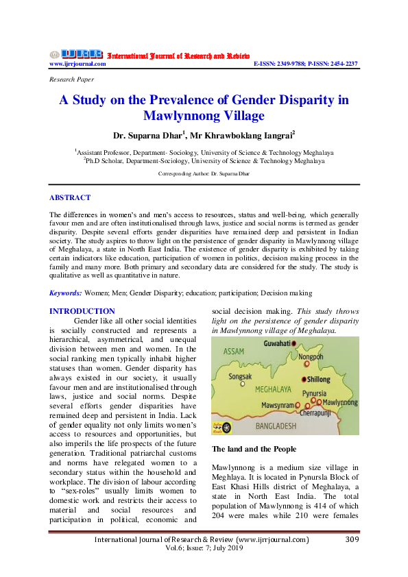 (PDF) A Study on the Prevalence of Gender Disparity in Mawlynnong Village