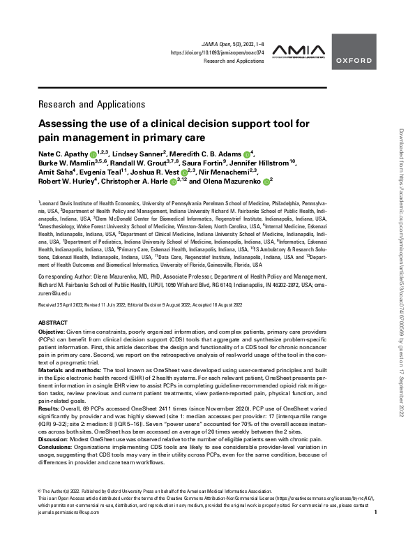 (PDF) Assessing the use of a clinical decision support tool for pain ...