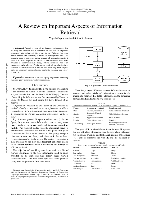 (PDF) A Review On Important Aspects Of Information Retrieval