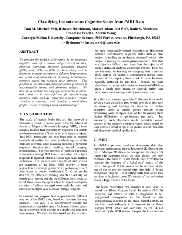 (PDF) Classifying instantaneous cognitive states from fMRI data
