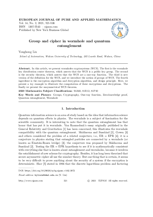 (PDF) Group and cipher in wormhole and quantum entanglement