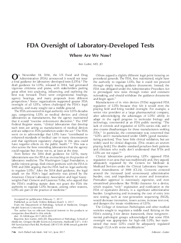 (PDF) FDA Oversight of Laboratory-Developed Tests: Where Are We Now?