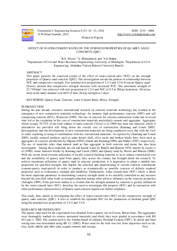 (PDF) Effect Of Water-Cement Ratio On The Strengh Properties Of Quarry ...