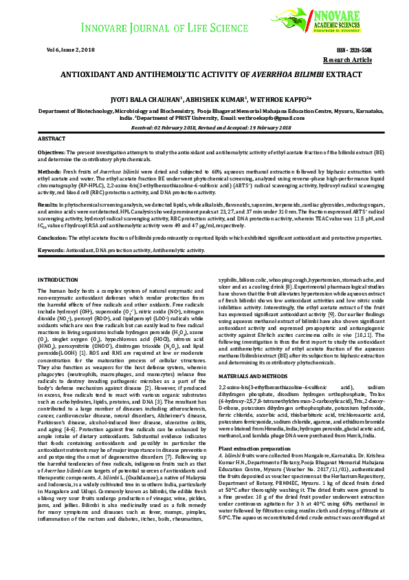 (PDF) Antioxidant and Antihemolytic Activity of Averrhoa Bilimbi Extract