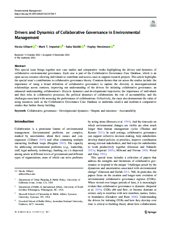 (PDF) Drivers and Dynamics of Collaborative Governance in Environmental ...