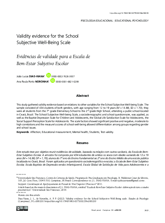 (PDF) Validity evidence for the School Subjective Well-Being Scale