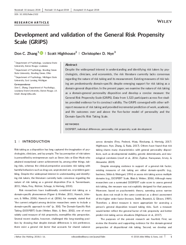 (PDF) Development and validation of the General Risk Propensity Scale ...