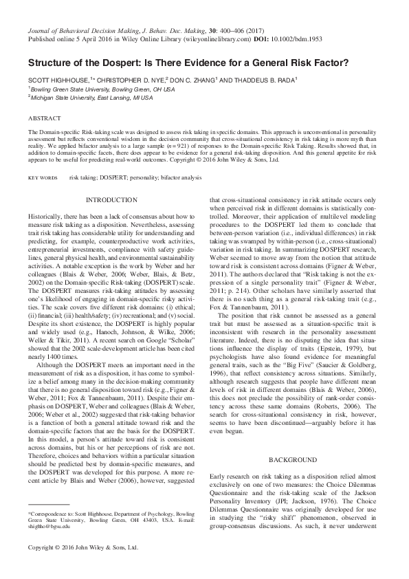 (PDF) Structure of the Dospert: Is There Evidence for a General Risk Factor