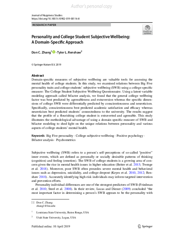 (PDF) Personality and College Student Subjective Wellbeing: A Domain ...