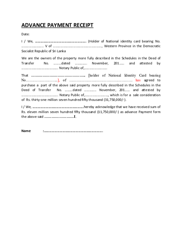 (DOC) ADVANCE PAYMENT RECEIPT Land Sale Nadarajah Sivaranjith Academia.edu