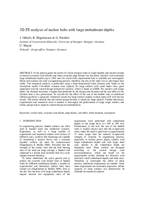 (PDF) 3D FE analysis of anchor bolts with large embedment depths