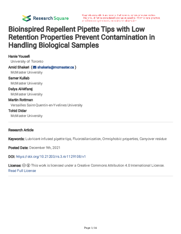 Bioinspired Repellent Pipette Tips with Low Retention Properties Prevent Contamination in Handling Biological Samples