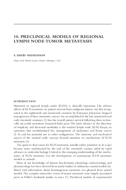 (PDF) Preclinical Models of Regional Lymph Node Tumor Metastasis