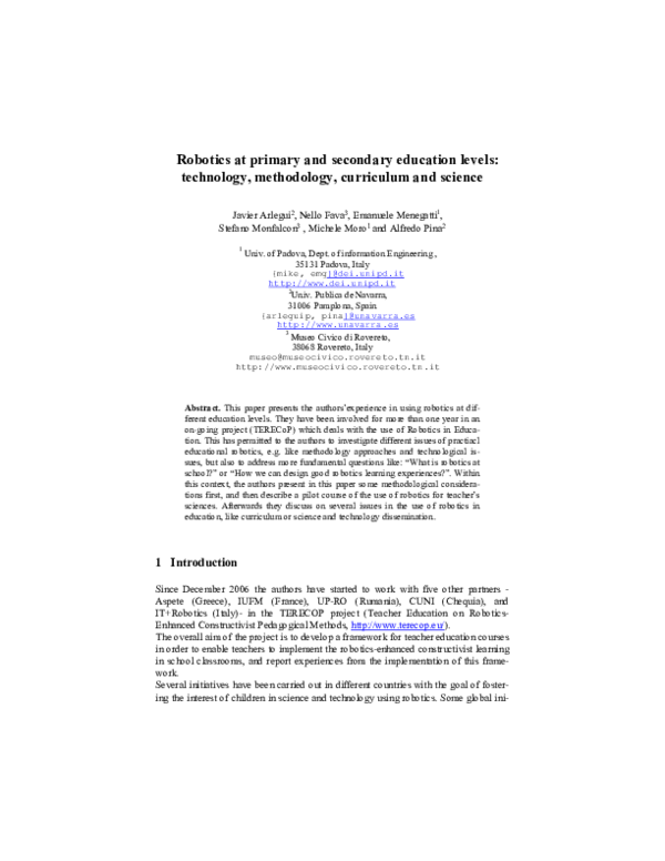 (PDF) Robotics at primary and secondary education levels: technology ...