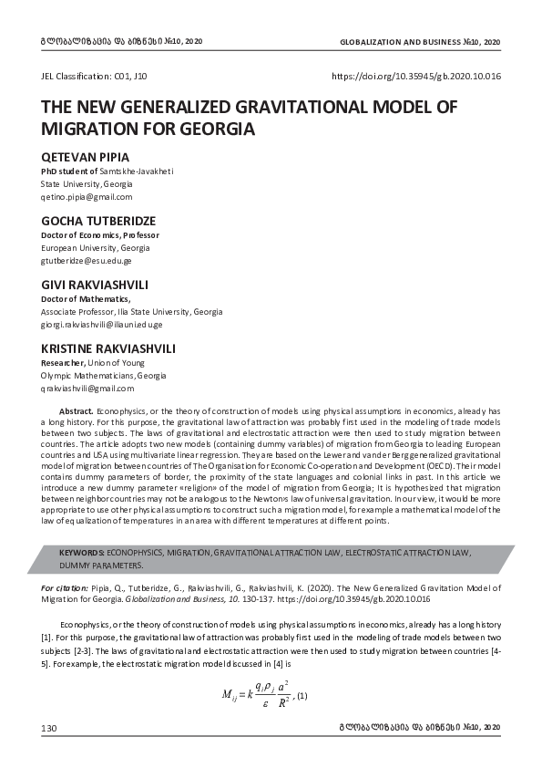 (PDF) The New Generalized Gravitational Model of Migration for Georgia