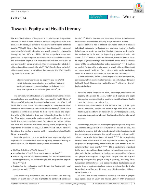 Pdf Towards Equity And Health Literacy