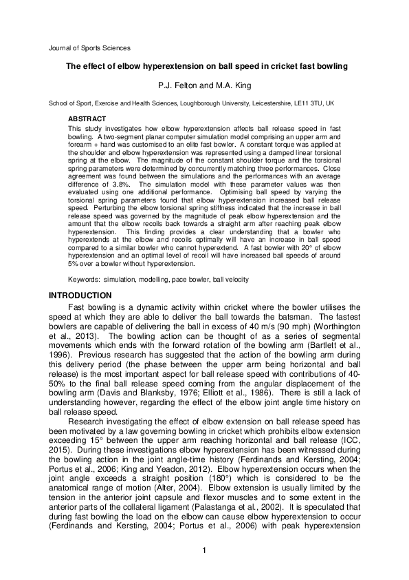 (PDF) The effect of elbow hyperextension on ball speed in cricket fast ...
